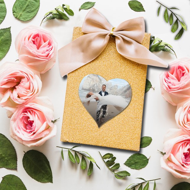 Modern Wedding Photo Thank You Heart Sticker (Small 1-1/2" heart-shaped photo sticker.)