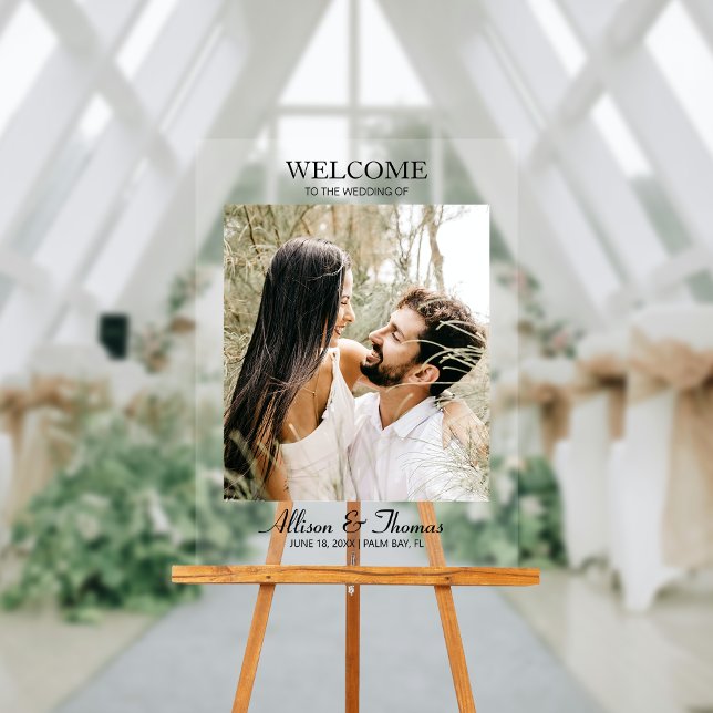 Modern Wedding Photo Welcome Clear Acrylic Sign (Make a dazzling entrance and warmly greet guests with our captivating photo acrylic wedding sign!)