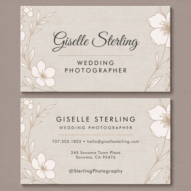 Modern Wedding Photographer Botanical Floral Linen Business Card (Creator Uploaded)