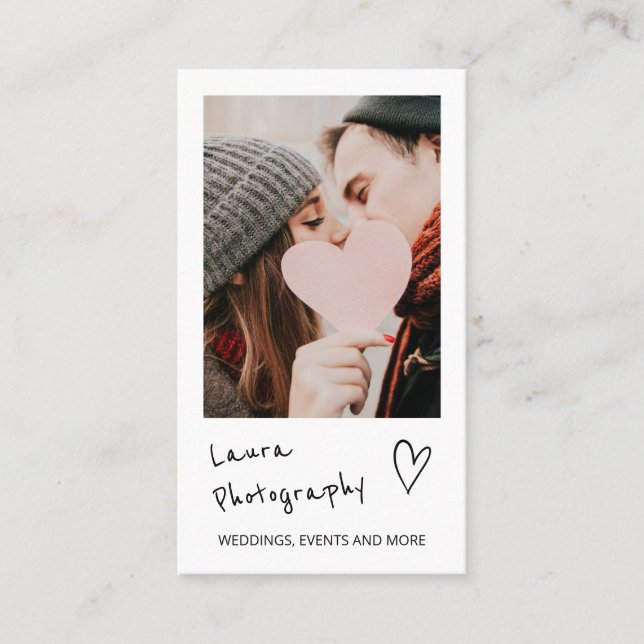 Modern wedding photographer script 2 photo collage business card (Front)