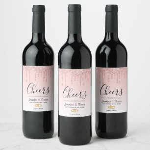 Modern Wedding Pink Glitter Drips Cheers Wine Label
