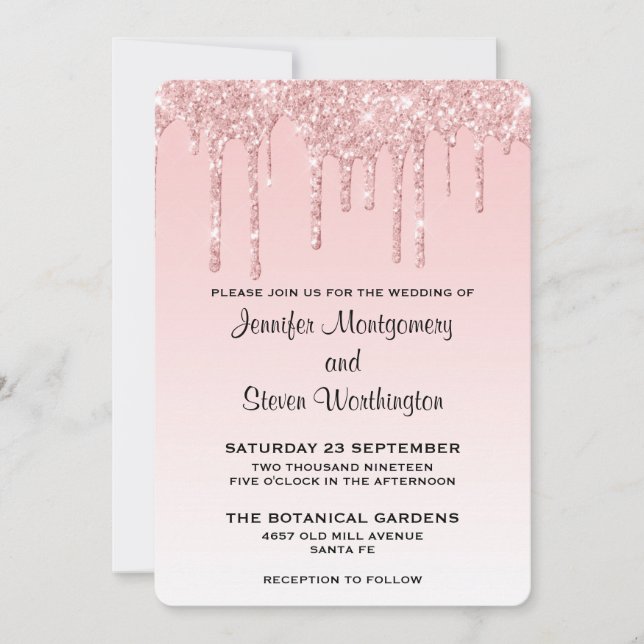 Modern Wedding Pink Glitter Drips Invitation (Front)