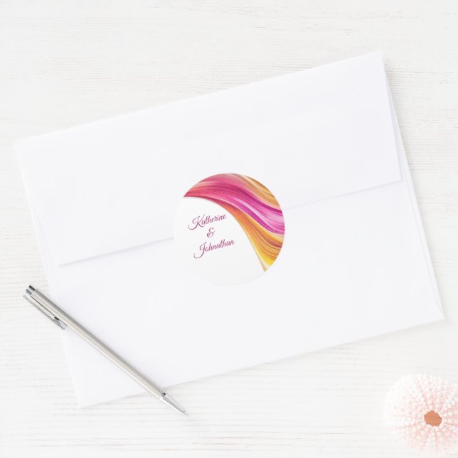 Modern Wedding-Pink Orange Yellow- Classic Round Sticker (Envelope)