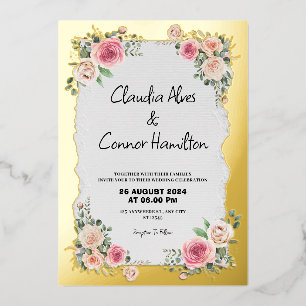 Modern Wedding Pink Roses & Gold Border Foil