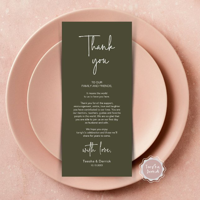 Modern Wedding Place Setting Dinner Thank You Card (Modern Romantic Wedding Place Setting Dinner Thank You Card, in Olive Green)