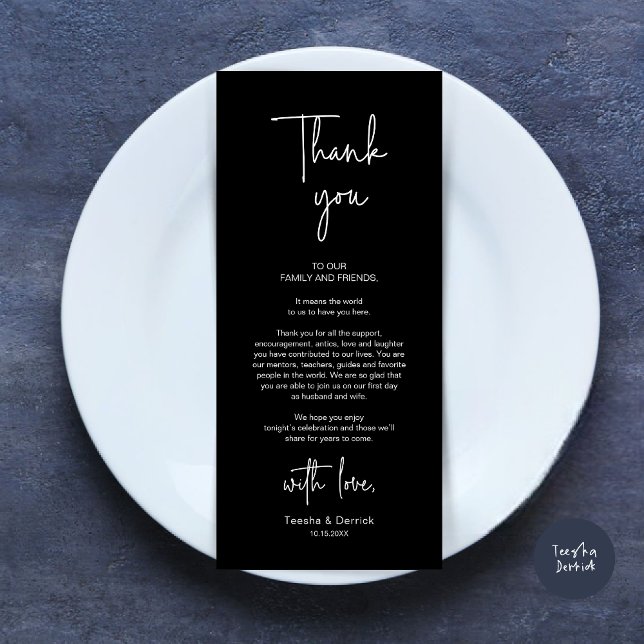 Modern Wedding Place Setting Dinner Thank You Card (Modern Romantic Wedding Place Setting Dinner Thank You Card, in Classy Black)