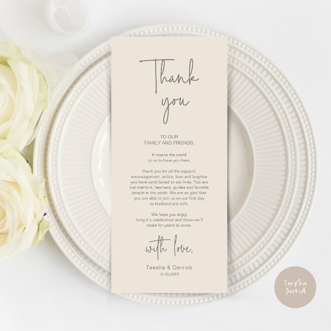 Modern Wedding Place Setting Dinner Thank You Card (Modern Romantic Wedding Place Setting Dinner Thank You Card, in Cream Grey)