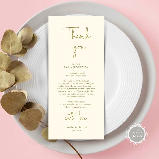 Modern Wedding Place Setting Dinner Thank You Card (Modern Romantic Wedding Place Setting Dinner Thank You Card, in Classy Yellow Gold)
