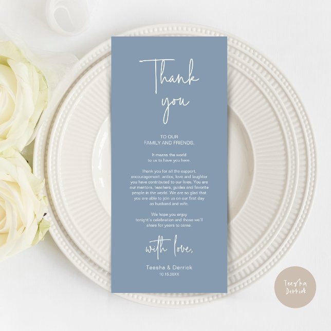 Modern Wedding Place Setting Dinner Thank You Card (Modern Romantic Wedding Place Setting Dinner Thank You Card, in Dusty Blue)