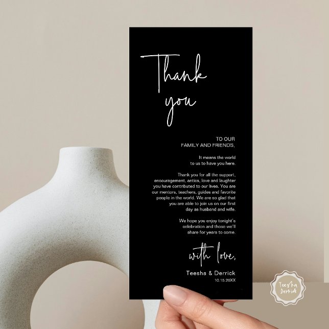 Modern Wedding Place Setting Dinner Thank You Card (Modern Wedding Dinner Place Setting Thank You Card, in Handwriting Script, Classy Black)