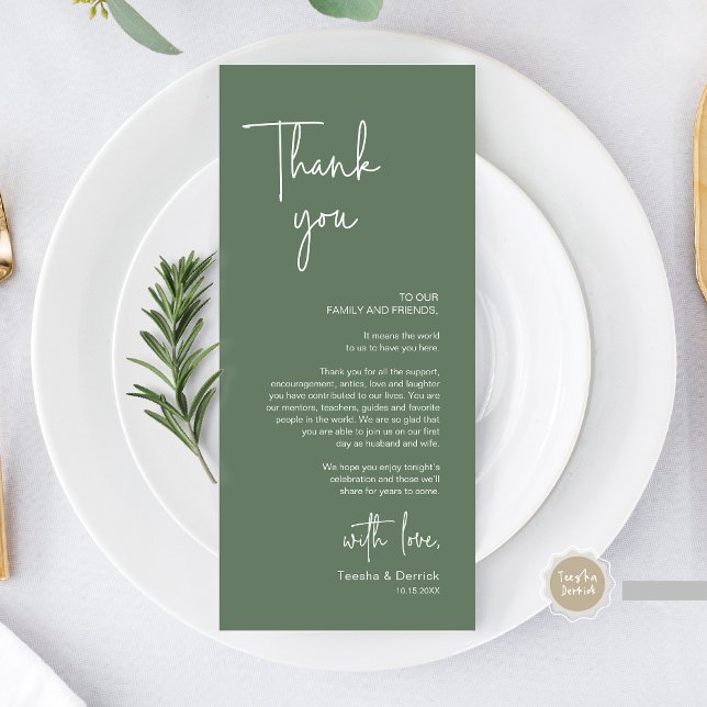 Modern Wedding Place Setting Dinner Thank You Card (Modern Wedding Dinner Place Setting Thank You Card, in Handwriting Script, Forest Sage Green)