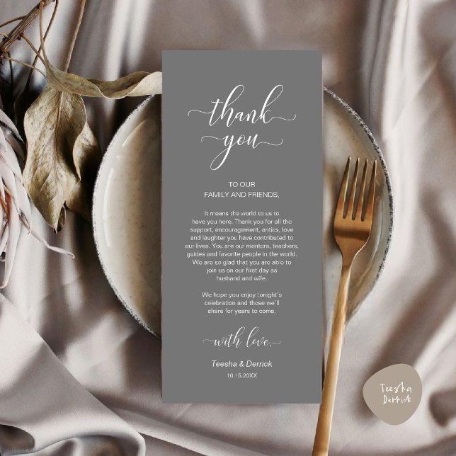 Modern Wedding Place Setting Thank You Card (Modern Wedding Dinner Place Setting Thank You Card in Classy Dark Grey)