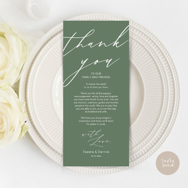Modern Wedding Place Setting Thank You Dinner Card (Wedding Dinner Place Setting Thank You Card, Modern Minimalist Script, in Sage Green)