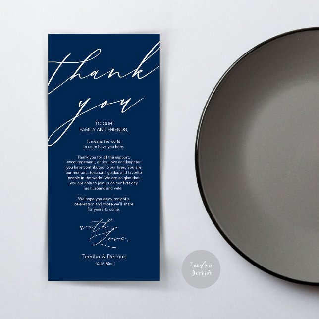 Modern Wedding Place Setting Thank You Dinner Card (Wedding Dinner Place Setting Thank You Card, Modern Minimalist Script, in Navy Blue)