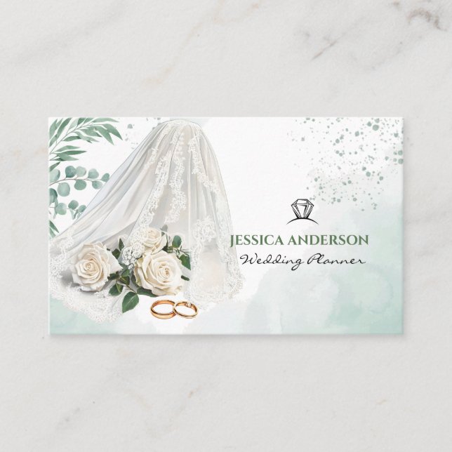 Modern Wedding Planner Bride Veil Green Business Card (Front)