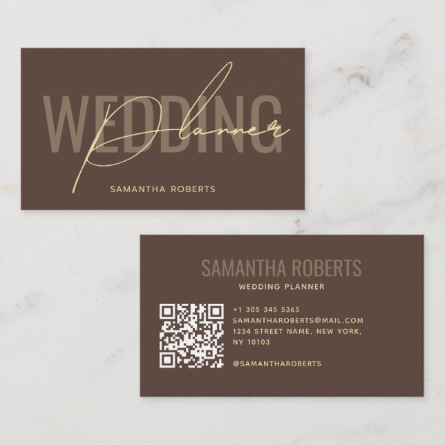 Modern wedding planner QR Code brown Business Card (Front/Back)