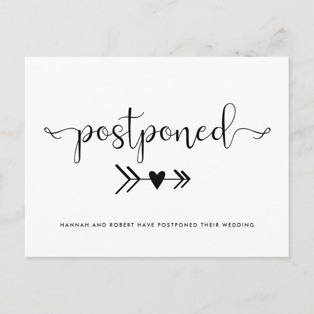 Modern Wedding Postponement Heart Black White Announcement Postcard (Front)