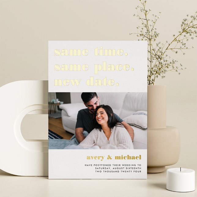 Modern Wedding Postponement Photo Foil Card (Creator Uploaded)