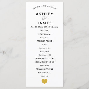 Modern Wedding Program for Ceremony, Gold Heart Programme