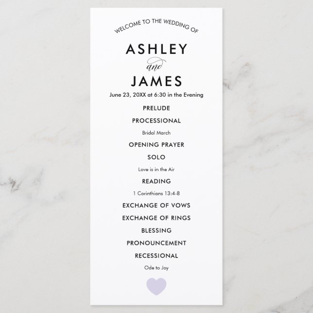 Modern Wedding Program for Ceremony Lavender Heart Programme (Front)