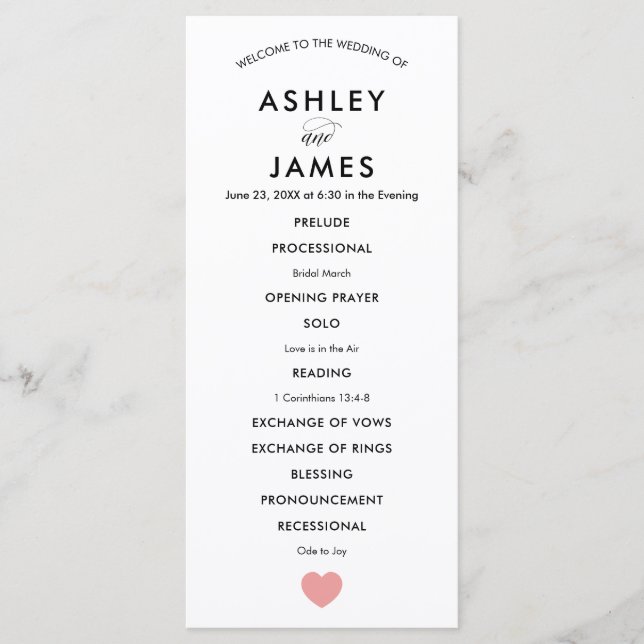 Modern Wedding Program for Ceremony, Pink Heart Programme (Front)