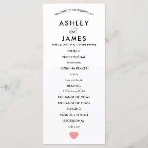 Modern Wedding Program for Ceremony, Pink Heart Programme