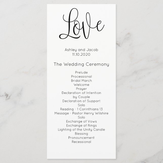 Modern wedding program. Love. Simple ceremony Programme (Front)
