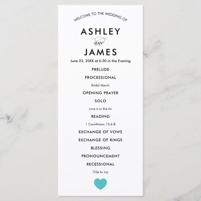 Modern Wedding Program with Turquoise Heart Programme (Front)