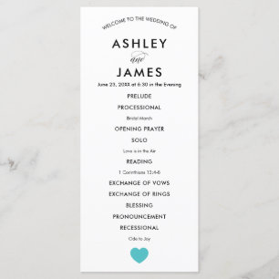 Modern Wedding Program with Turquoise Heart Programme