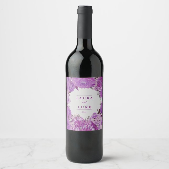 Modern Wedding, Purple Floral Wine Label (Front)