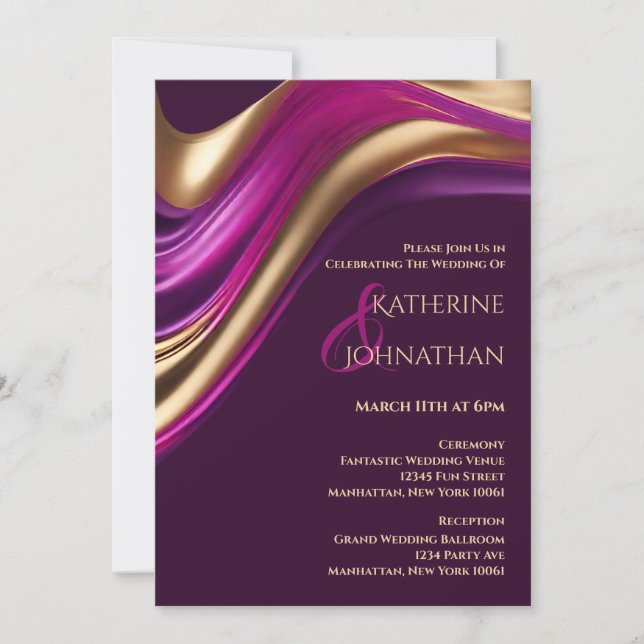 Modern Wedding-Purple Fuchsia and Gold- Invitation (Front)