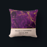 Modern Wedding Purple & Gold Abstract Marble Cushion<br><div class="desc">Personalised wedding pillow with a beautiful abstract pattern featuring a marble design. Rich purple colours blending together combined with faux-gold swirling ribbons of colour mixing and mingling throughout the design. A peach coloured layer below the pattern with an elegant faux gold-foil strip between them.</div>