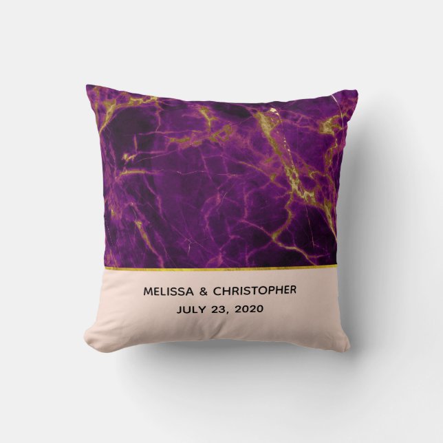 Modern Wedding Purple & Gold Abstract Marble Cushion (Front)
