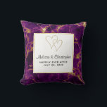 Modern Wedding Purple & Gold Abstract Marble Cushion<br><div class="desc">Personalised wedding pillow with a beautiful abstract pattern featuring a marble design. Rich purple colours blending together combined with faux-gold swirling ribbons of colour mixing and mingling throughout the design. A square with a faux gold-foil border layered over top with your personalised text inside. 2 joined hearts above the text....</div>