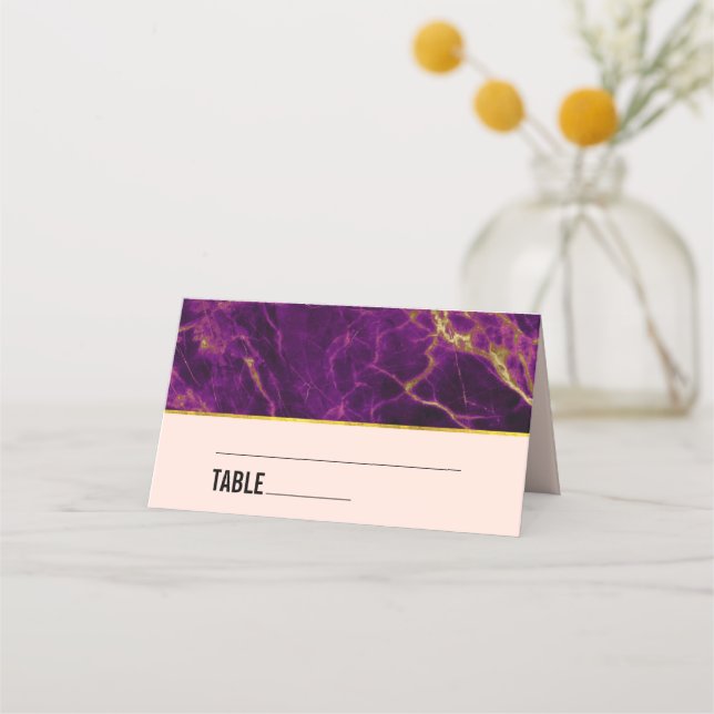 Modern Wedding Purple & Gold Abstract Marble Place Card (Front)