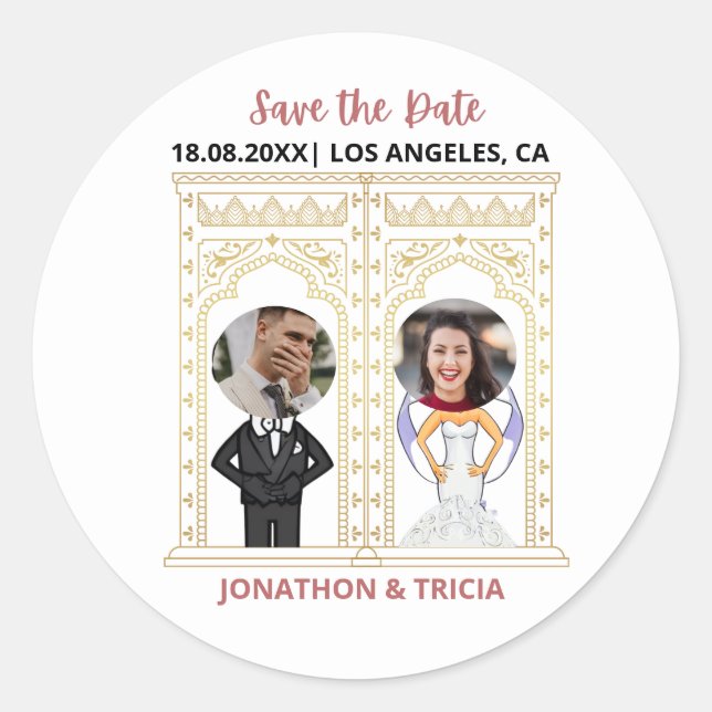 Modern Wedding QR Code Add Name Date Photo Website Classic Round Sticker (Front)