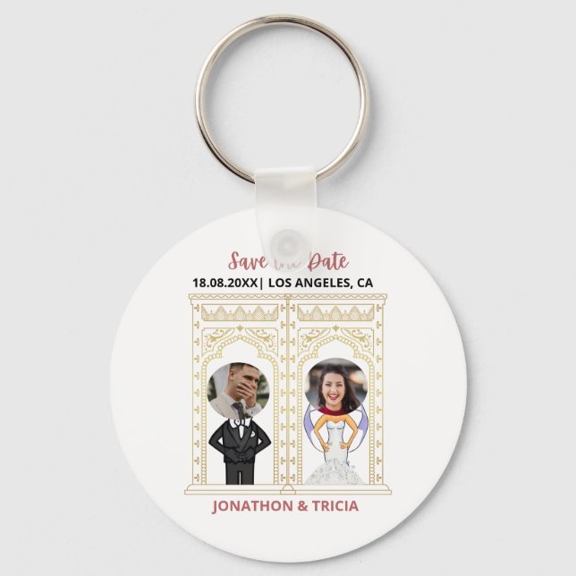Modern Wedding QR Code Add Name Date Photo Website Key Ring (Front)