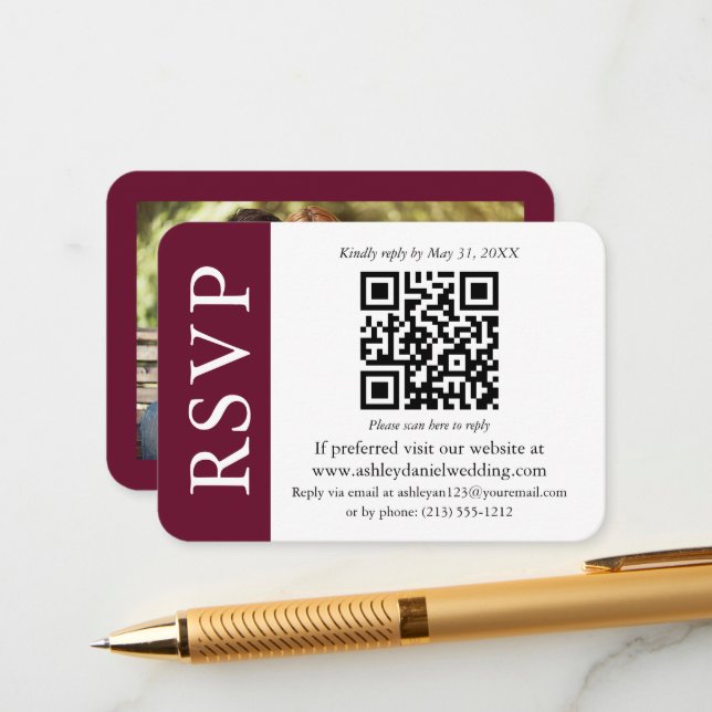 Modern Wedding QR RSVP Photo Burgundy and White Enclosure Card (Front/Back In Situ)