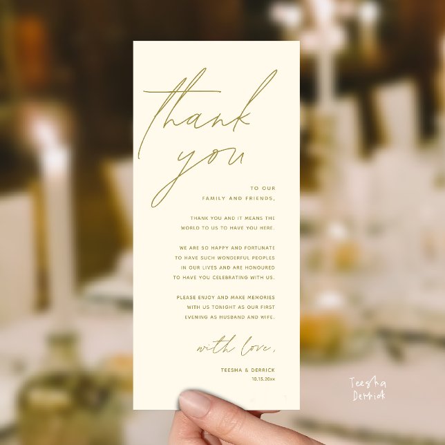 Modern Wedding Reception Dinner Thank You Card (Modern Wedding Reception Dinner Lunch Brunch Party Thank You Card in yellow gold)