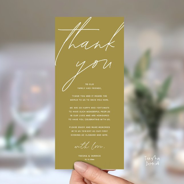 Modern Wedding Reception Dinner Thank You Card (Modern Wedding Reception Dinner Lunch Brunch Party Thank You Card in yellow gold)