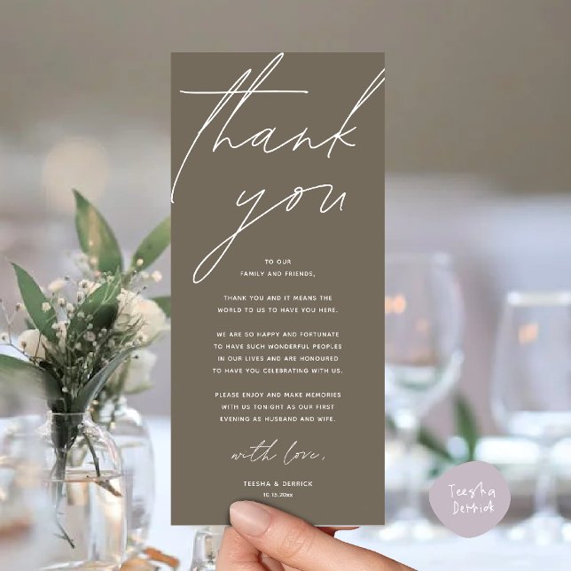 Modern Wedding Reception Dinner Thank You Card (Modern Wedding Reception Dinner Lunch Brunch Party Thank You Card in warm taupe brown)