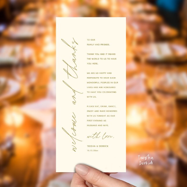 Modern Wedding Reception Dinner Thank You Card (Welcome and thanks, Modern Wedding Reception Dinner Thank You card, family friends in yellow gold)