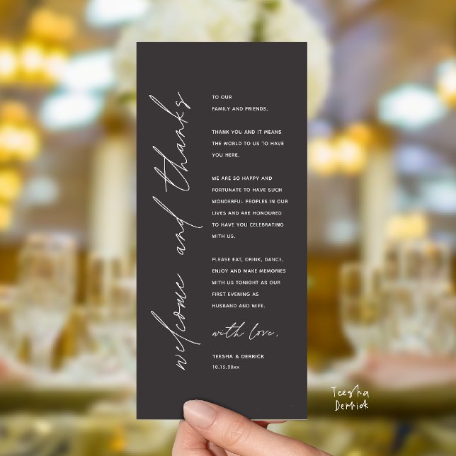 Modern Wedding Reception Dinner Thank You Card (Welcome and thanks, Modern Wedding Reception Dinner Thank You card, family friends in charcoal grey)