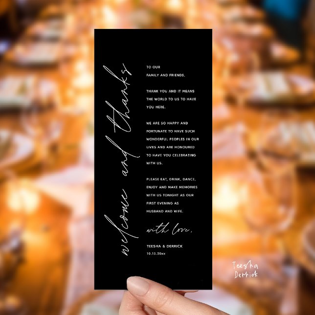 Modern Wedding Reception Dinner Thank You Card (Welcome and thanks, Modern Wedding Reception Dinner Thank You card, family friends in white black)