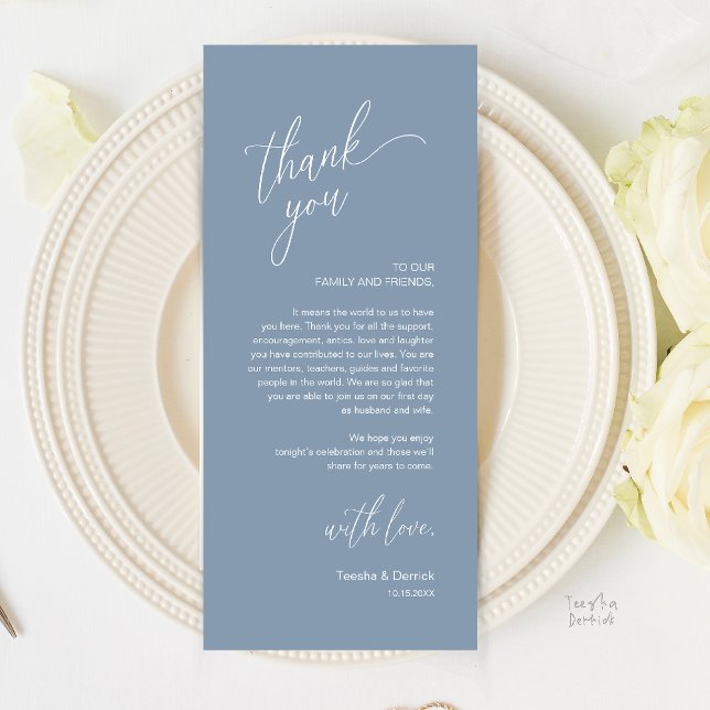 Modern Wedding Reception Dinner Thank You Card (Modern Wedding Reception Dinner Thank You Card in Dusty Blue)