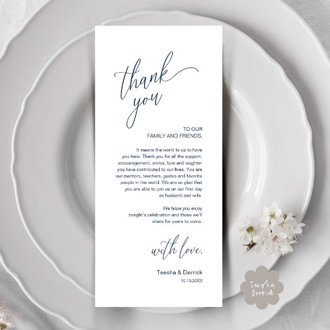Modern Wedding Reception Dinner Thank You Card (Modern Wedding Reception Dinner Thank You Card in Navy Blue)