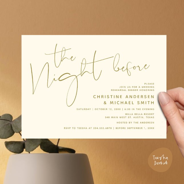 Modern Wedding Rehearsal Dinner, The Night Before Invitation (Modern Wedding Rehearsal Dinner, The Night Before Invitation Card Minimalist Beautiful Yellow Gold)