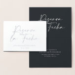 Modern wedding Reserva la Fecha black silver Foil Card<br><div class="desc">Modern classy typography bold wedding Reserva la Fecha card. With modern,  elegant typography and striped backer design. Colours can be customised. Modern elegant gold and silver foil script text.</div>
