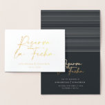 Modern wedding Reserva la Fecha cream gold Save Th Foil Card<br><div class="desc">Modern classy typography bold wedding Reserva la Fecha card. With modern,  elegant typography and striped backer design. Colours can be customised. Modern elegant gold foil script text.</div>