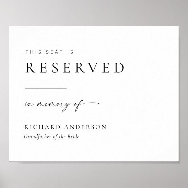Modern Wedding Reserved Seat In Memory of Sign (Front)